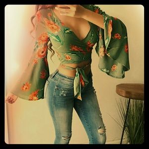 Mint Floral Print Bell Sleeve Crop Blouse